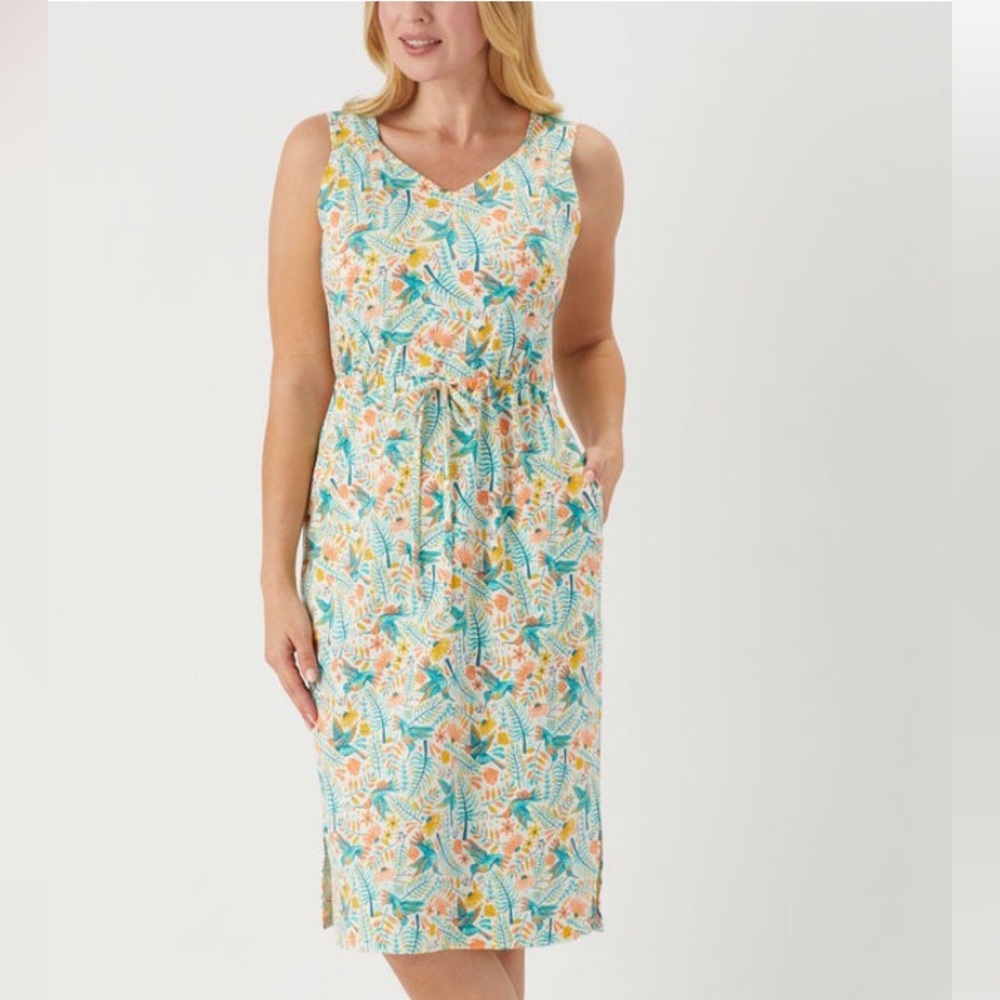 Duluth Trading Sleeveless Hummingbird Print Tie-Waist Dress in Teal & Coral